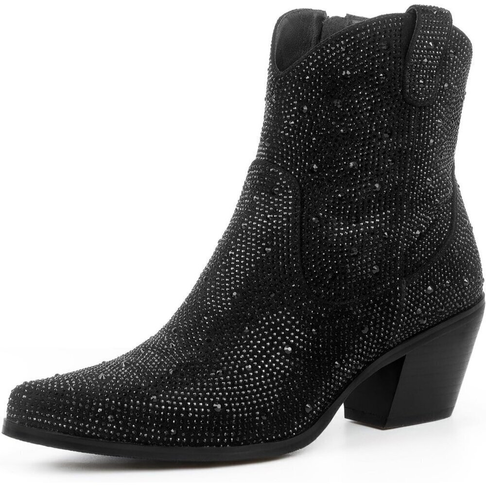🆕Women Black-ankle Rhinestone Mid Calf Pointed Toe Pull-On Sparkly Block Heel